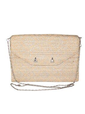 Stella & Dot Tan Woven Rattan Metallic Silver Slim File Flap Clutch Crossbody